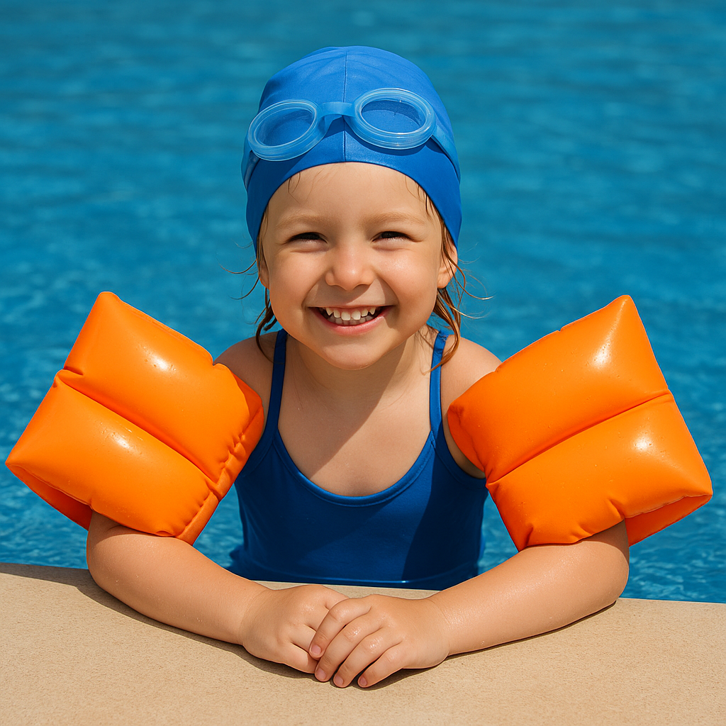 Imagem comemorativa de Dia das Crianças com crianças brincando ao redor de piscina iluminada, simbolizando segurança, alegria e tecnologia em projetos com iluminação LED subaquática da Cristal Led & Inox."