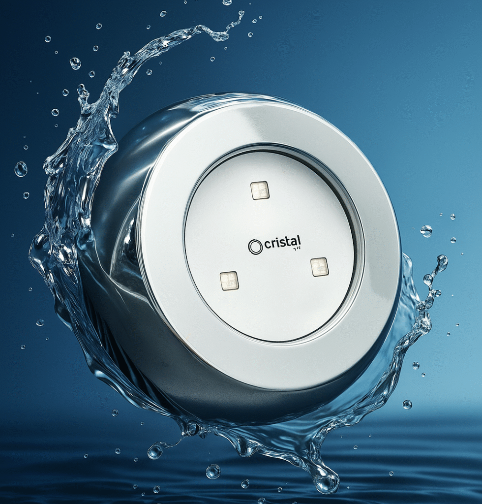 Refletor para piscinas em ABS cromado da Cristal — iluminação LED subaquática eficiente, com acabamento sofisticado, ideal para projetos residenciais, hotéis, pousadas, clubes e condomínios.