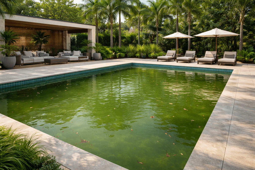 Piscina residencial com água verde causada por proliferação de algas e desequilíbrio químico.