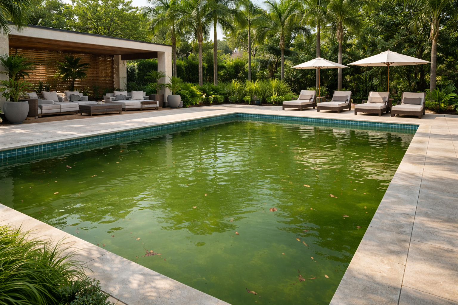Piscina residencial com água verde causada por proliferação de algas e desequilíbrio químico.